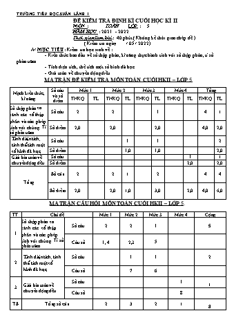 Đề kiểm tra định kì cuối học kì II môn Toán Lớp 5 - Năm học 2021-2022 - Trường TH Xuân Lãnh 1 (Có đáp án)