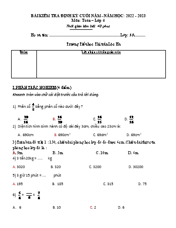 Đề kiểm tra định kì cuối năm môn Toán Lớp 4 - Năm học 2022-2023 (Có đáp án)