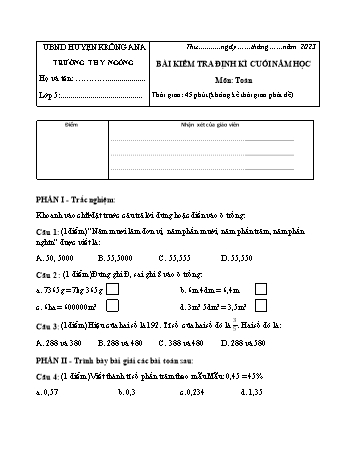 Đề kiểm tra định kì cuối năm môn Toán Lớp 5 - Năm học 2022-2023 - Trường TH Y Ngông