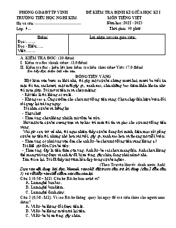 Đề kiểm tra định kì giữa học kì I môn Tiếng Việt Lớp 4 - Năm học 2022-2023 - Trường TH Nghi Kim (Có đáp án)