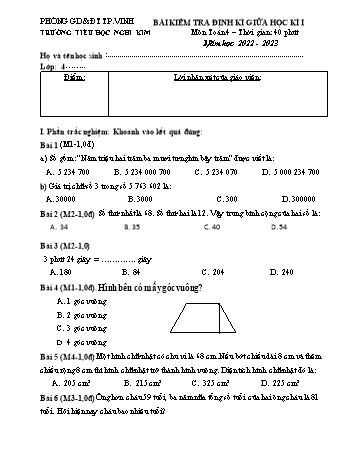 Đề kiểm tra định kì giữa học kì I môn Toán Lớp 4 - Năm học 2022-2023 - Trường TH Nghi Kim (Có đáp án)