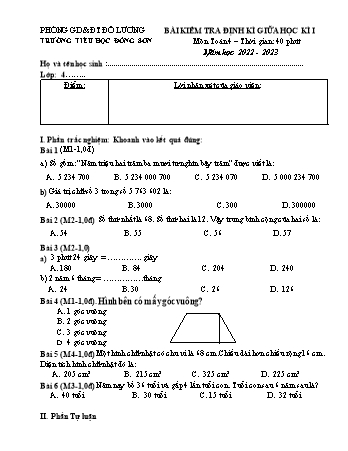 Đề kiểm tra định kì giữa học kì I môn Toán Lớp 4 - Năm học 2022-2023 - Trường TH Đông Sơn (Có đáp án)