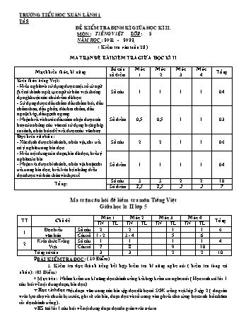 Đề kiểm tra định kì giữa học kì II môn Tiếng Việt Lớp 5 - Năm học 2021-2022 - Trường TH Xuân Lãnh 1 (Có đáp án)