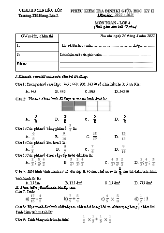 Đề kiểm tra định kì giữa học kì II môn Toán Lớp 4 - Năm học 2022-2023 - Trường TH Hưng Lộc 2 (Có đáp án)