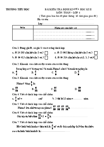 Đề kiểm tra định kì giữa học kì II môn Toán Lớp 4