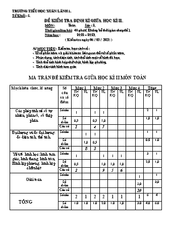 Đề kiểm tra định kì giữa học kì II môn Toán Lớp 5 - Năm học 2022-2023 - Trường TH Xuân Lãnh 1