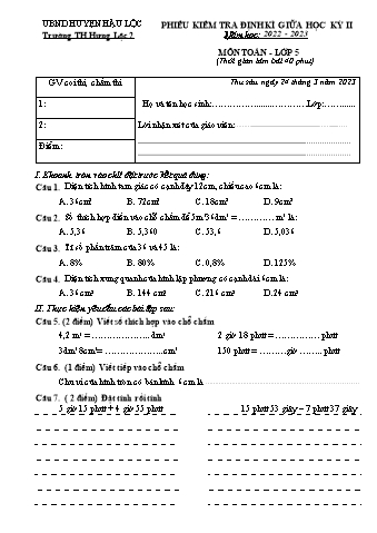 Đề kiểm tra định kì giữa học kì II môn Toán Lớp 5 - Năm học 2022-2023 - Trường TH Hưng Lộc 2 (Có đáp án)