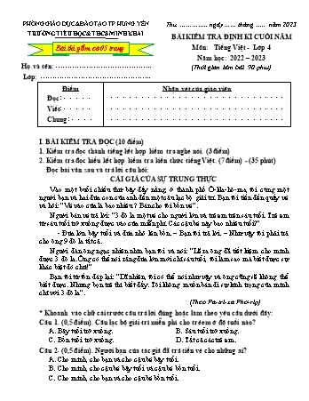 Đề kiểm tra định kì học kì 2 môn Tiếng Việt Lớp 4 - Năm học 2022-2023 - Trường TH và THCS Minh Khai (Có đáp án)