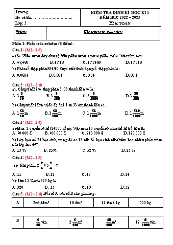 Đề kiểm tra định kì học kì I môn Toán Lớp 5 - Năm học 2022-2023 (Có đáp án)
