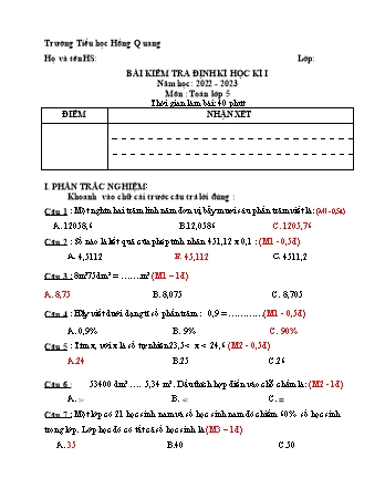Đề kiểm tra định kì học kì I môn Toán Lớp 5 - Năm học 2022-2023 - Trường TH Hồng Quang (Có đáp án)