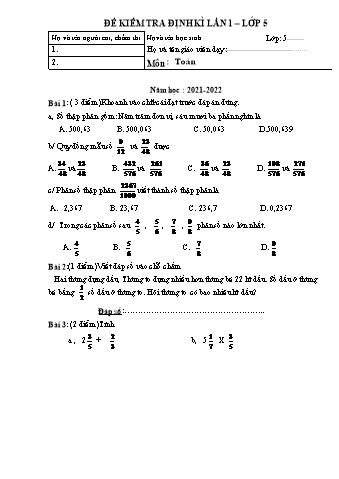 Đề kiểm tra định kì lần 1 môn Toán Lớp 5 - Năm học 2021-2022 (Có đáp án)