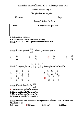 Đề kiểm tra giữa học kì 2 môn Toán Lớp 4 (Có đáp án)