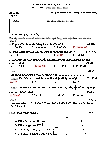 Đề kiểm tra giữa học kì I môn Toán Lớp 4 - Năm học 2021-2022