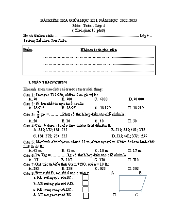 Đề kiểm tra giữa học kì I môn Toán Lớp 4 - Năm học 2022-2023 (Có đáp án)