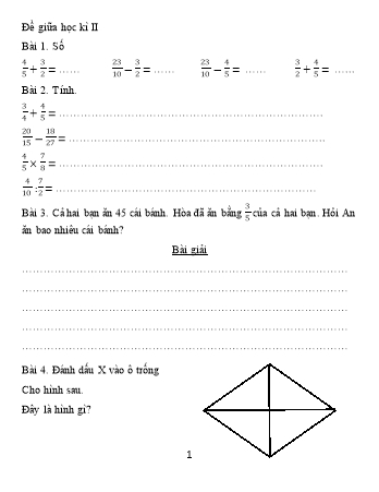 Đề kiểm tra giữa học kì II môn Toán Lớp 4 (Có đáp án)