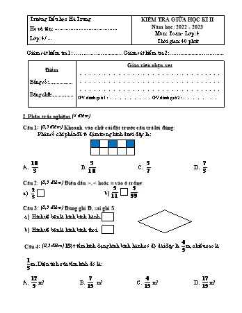 Đề kiểm tra giữa học kì II môn Toán Lớp 4 - Năm học 2022-2023 - Trường TH Hà Trung (Có đáp án)
