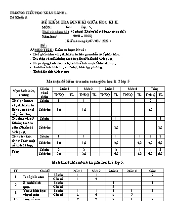 Đề kiểm tra giữa học kì II môn Toán Lớp 5 - Năm học 2021-2022 - Trường TH Xuân Lãnh 1
