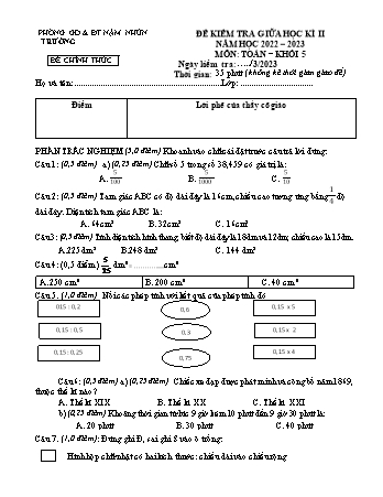 Đề kiểm tra giữa học kì II môn Toán Lớp 5 - Năm học 2022-2023 (Có đáp án)