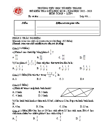 Đề kiểm tra giữa học kì II môn Toán và Tiếng Việt Lớp 4 - Năm học 2022-2023 - Trường TH Tô Hiến Thành