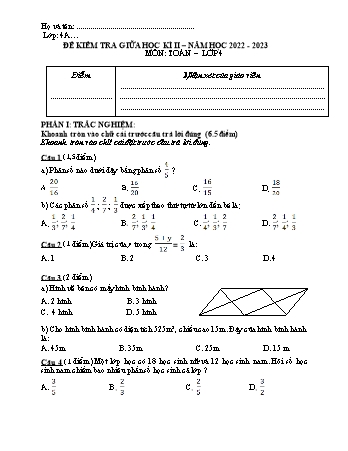 Đề kiểm tra giữa học kì II môn Toán và Tiếng Việt Lớp 4 - Năm học 2022-2023 (Có đáp án)