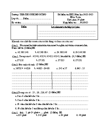 Đề kiểm tra học kì I môn Toán Lớp 4 - Năm học 2022-2023 - Trường TH và THCS Phong Đông (Có đáp án)