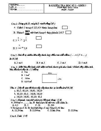 Đề kiểm tra học kì I môn Toán Lớp 5 - Năm học 2022-2023 (Có đáp án)