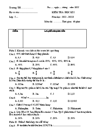Đề kiểm tra học kì I môn Toán và Tiếng Việt Lớp 5 - Năm học 2022-2023