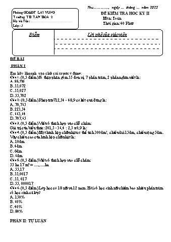 Đề kiểm tra học kì II môn Toán Lớp 5 - Năm học 2022-2023 - Trường TH Tân Hòa 2 (Có đáp án)