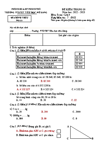 Đề kiểm tra Tháng 10 môn Toán Lớp 4 - Năm học 2022-2023 - Trường PTDTBT TH Mù Cang (Có đáp án)