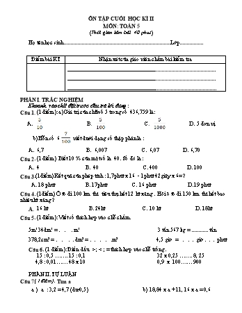 Đề ôn tập cuối học kì II môn Toán Lớp 5