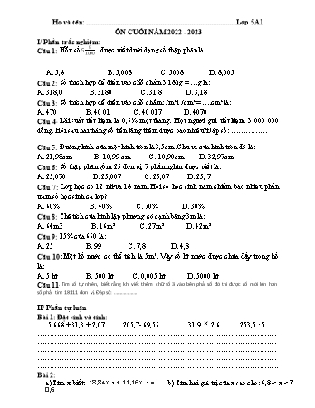 Đề ôn tập cuối năm môn Toán Lớp 5 - Năm học 2022-2023