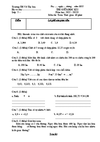 Đề thi giữa học kì I môn Toán và Tiếng Việt Lớp 5 - Năm học 2022-2023 - Trường TH Võ Thị Sáu (Có đáp án)