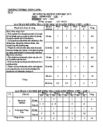 Ma trận và đề kiểm tra định kì cuối học kì II môn Tiếng Việt Lớp 5 - Năm học 2021-2022 - Trường TH Xuân Lãnh 1 (Có đáp án)