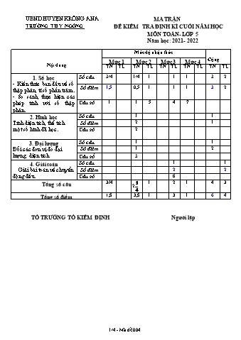Ma trận và đề kiểm tra định kì cuối năm môn Toán Lớp 5 - Năm học 2021-2022 - Trường TH Y Ngông (Có đáp án)