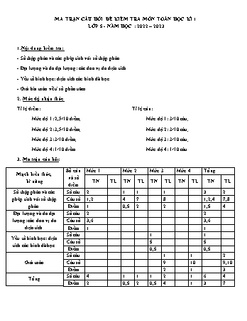Ma trận và đề kiểm tra định kì học kì I môn Toán Lớp 5 - Năm học 2022-2023 - Trường Tiểu học Lê Quý Đôn (Có đáp án)