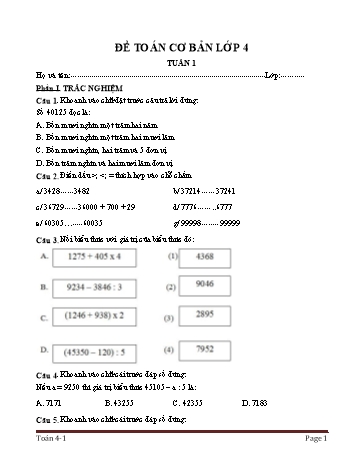 Phiếu bài tập cuối tuần môn Toán Lớp 4 - Chương trình học kì I