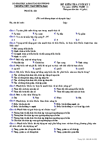 2 Đề kiểm tra cuối học kì I Công nghệ 12 - Trường THPT Trần Hưng Đạo (Có đáp án)