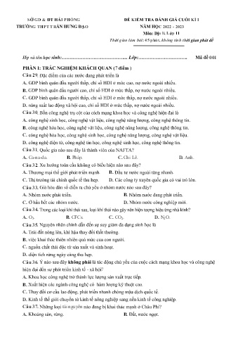 2 Đề kiểm tra cuối học kì I Địa lí 11 - Năm học 2022-2023 - Trường THPT Trần Hưng Đạo (Có đáp án)