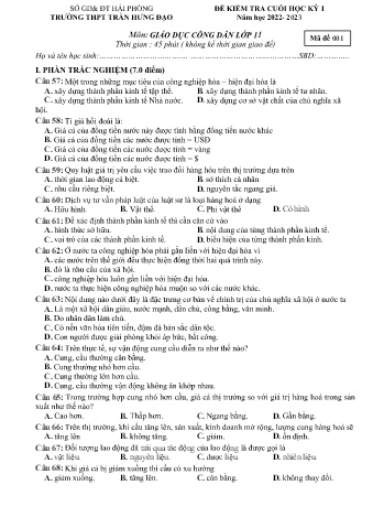 2 Đề kiểm tra cuối học kì I GDCD 11 - Năm học 2022-2023 - Trường THPT Trần Hưng Đạo