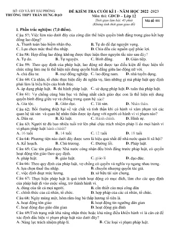2 Đề kiểm tra cuối học kì I GDCD 12 - Năm học 2022-2023 - Trường THPT Trần Hưng Đạo (Có đáp án)