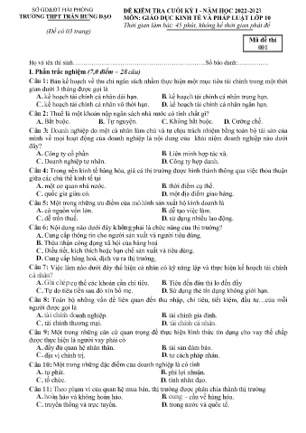 2 Đề kiểm tra cuối học kì I Giáo dục Kinh tế và Pháp luật 10 - Năm học 2022-2023 - Trường THPT Trần Hưng Đạo (Có đáp án)