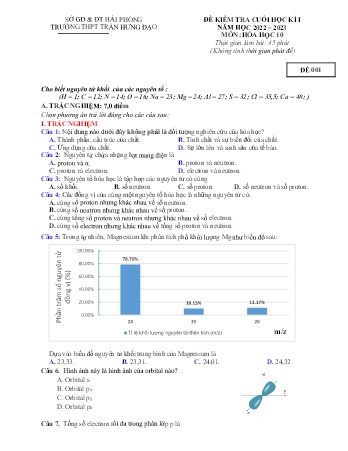 2 Đề kiểm tra cuối học kì I Hóa học 10 - Năm học 2022-2023 - Trường THPT Trần Hưng Đạo (Có đáp án)