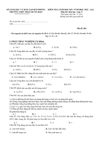 2 Đề kiểm tra cuối học kì I Hóa học 11 - Năm học 2022-2023 - Trường THPT Trần Hưng Đạo (Có đáp án)