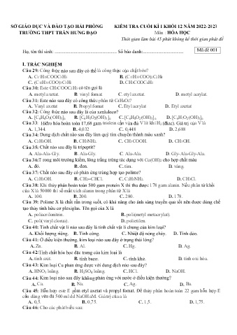 2 Đề kiểm tra cuối học kì I Hóa học 12 - Năm học 2022-2023 - Trường THPT Trần Hưng Đạo (Có đáp án)