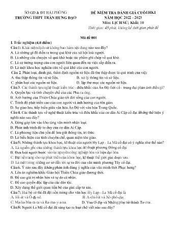 2 Đề kiểm tra cuối học kì I Lịch sử 10 - Năm học 2022-2023 - Trường THPT Trần Hưng Đạo (Có đáp án)