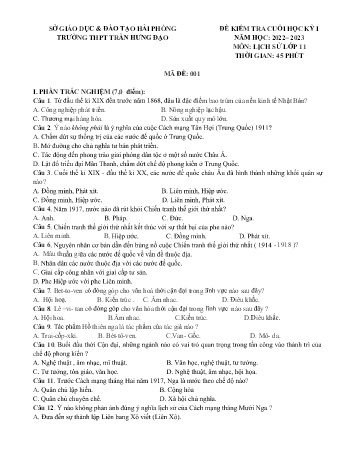 2 Đề kiểm tra cuối học kì I Lịch sử 11 - Năm học 2022-2023 - Trường THPT Trần Hưng Đạo (Có đáp án)