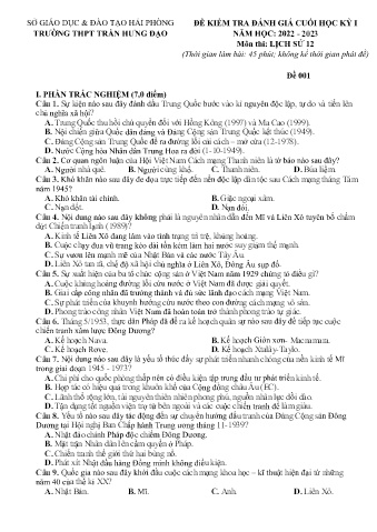 2 Đề kiểm tra cuối học kì I Lịch sử 12 - Năm học 2022-2023 - Trường THPT Trần Hưng Đạo (Có đáp án)