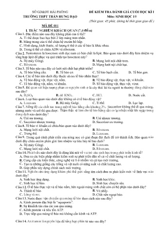 2 Đề kiểm tra cuối học kì I Sinh học 10 - Trường THPT Trần Hưng Đạo (Có đáp án)