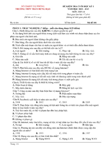 2 Đề kiểm tra cuối học kì I Tin học 10 - Năm học 2022-2023 - Trường THPT Trần Hưng Đạo (Có đáp án)