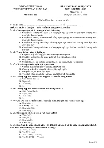 2 Đề kiểm tra cuối học kì I Tin học 11 - Năm học 2022-2023 - Trường THPT Trần Hưng Đạo (Có đáp án)